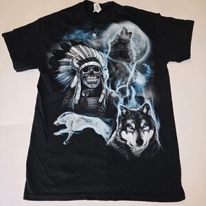 Y2K Wolf and Skull Indian Design Cotton T-shirt